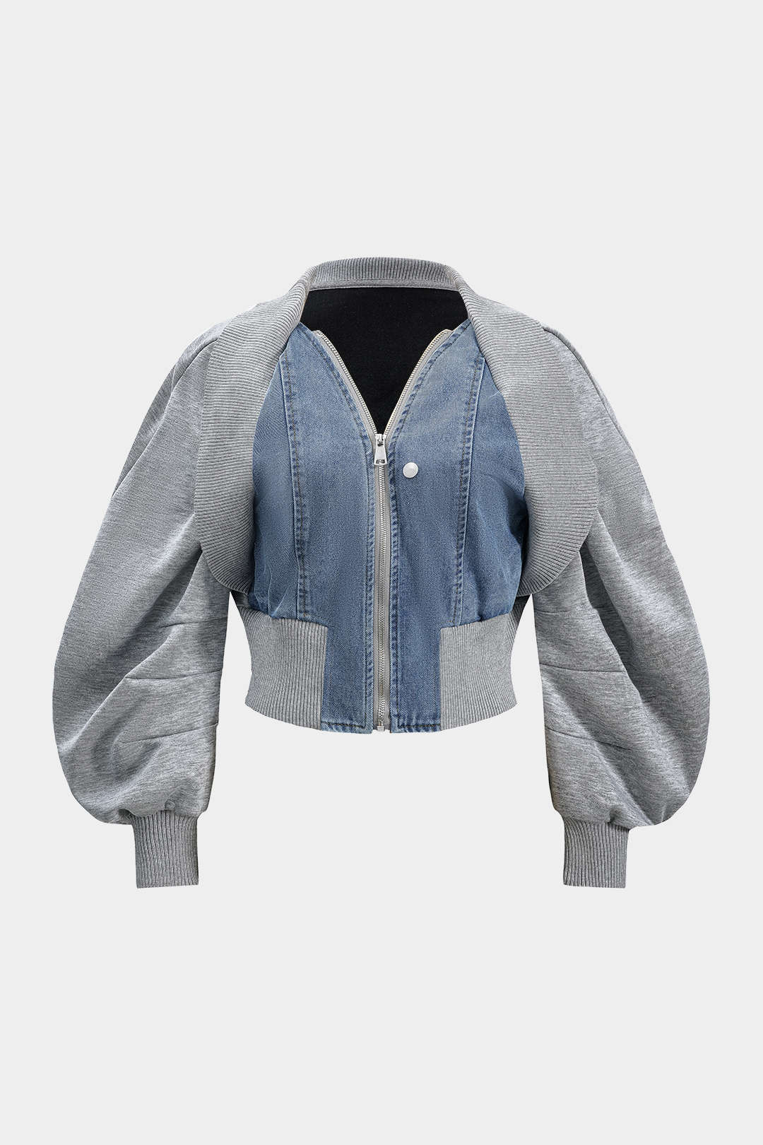 Patchwork Zipper Denim Outerwear Jacket - Image 3