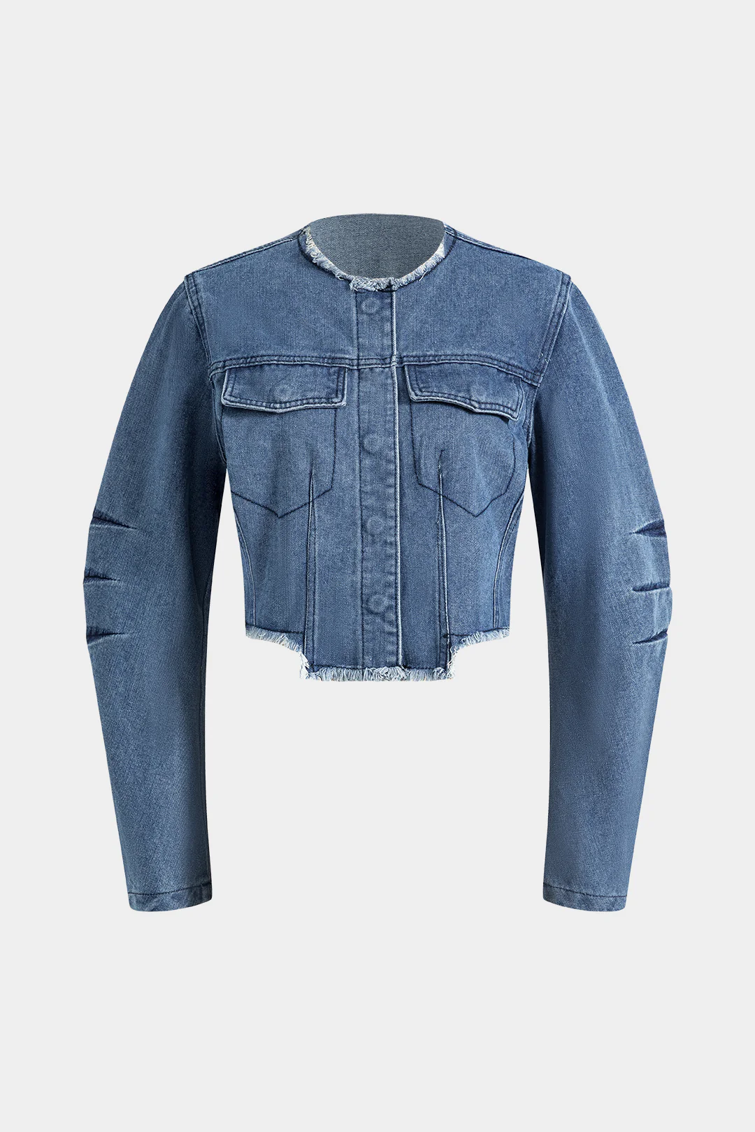 Denim Patchwork Button Round Neck Pocket Outerwear - Image 2