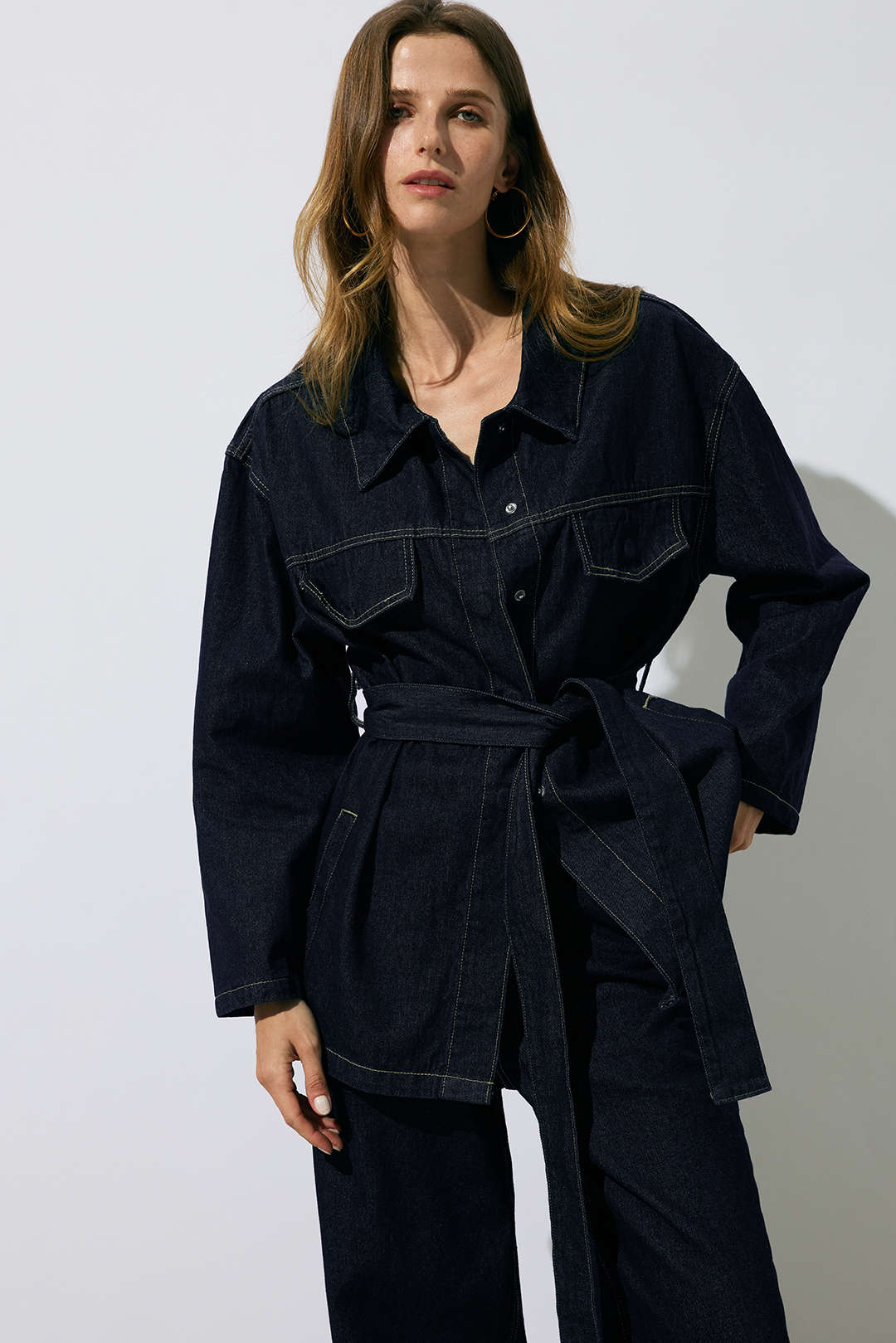 Denim Belted Long Sleeve Shirt - Image 4