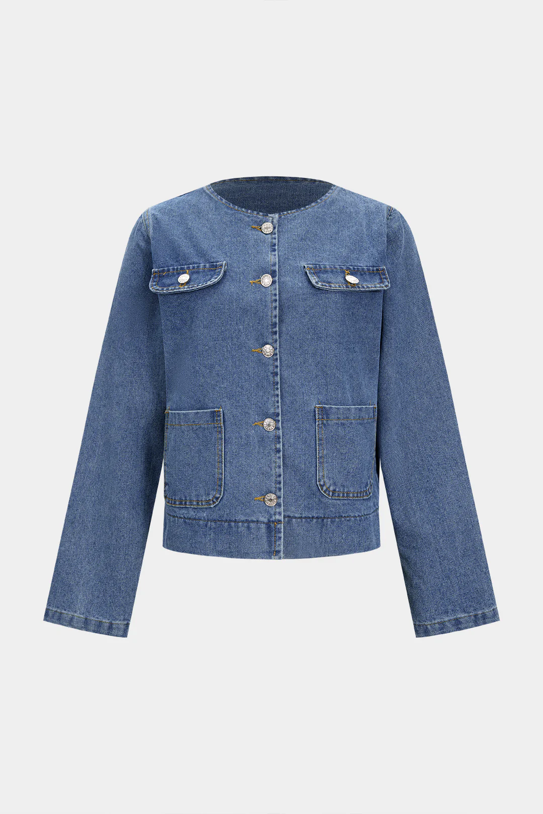 Denim Round Neck Pocket Outerwear