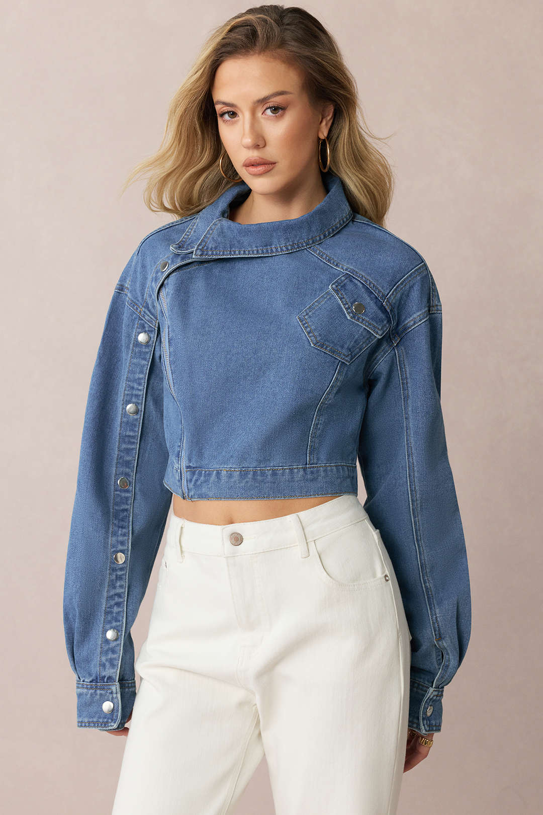 Denim  Asymmetrical Zipper Long-Sleeve Top - Image 5