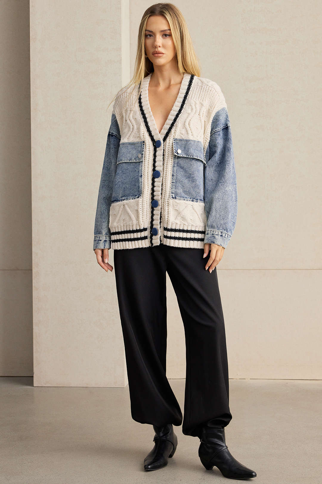 Denim Patchwork Knit Outerwear - Image 6