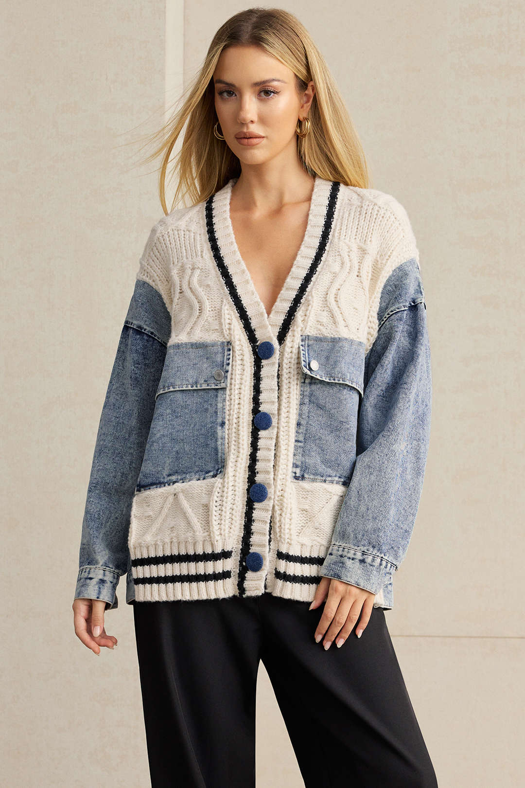 Denim Patchwork Knit Outerwear - Image 7