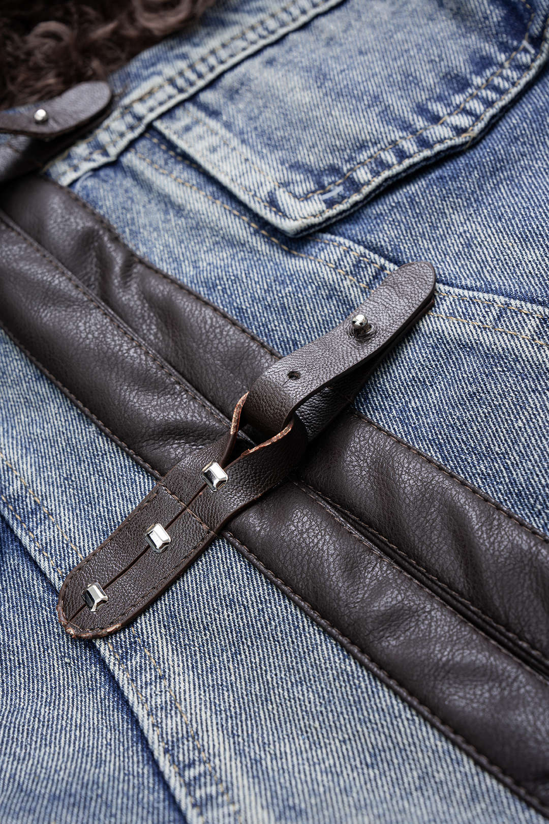 Denim Patchwork Faux Fur Pocket Outerwear - Image 3