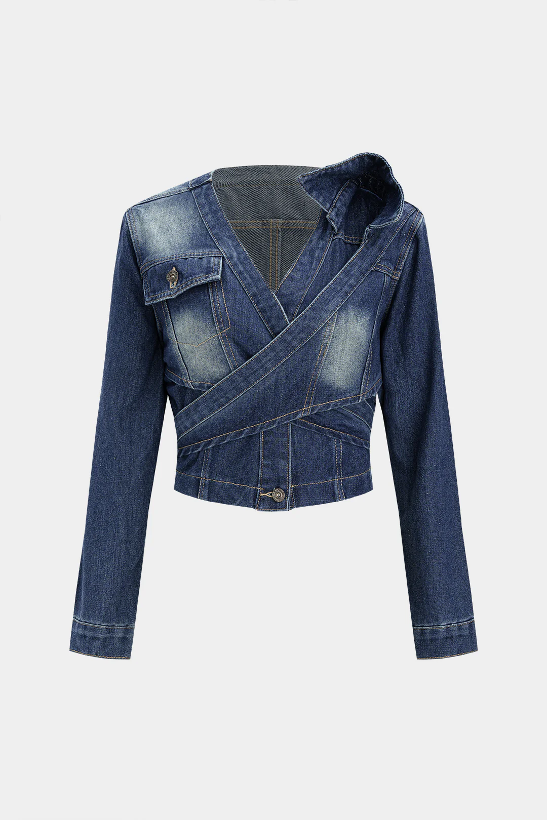 Denim Crossed Tie-Back Asymmetrical Outerwear