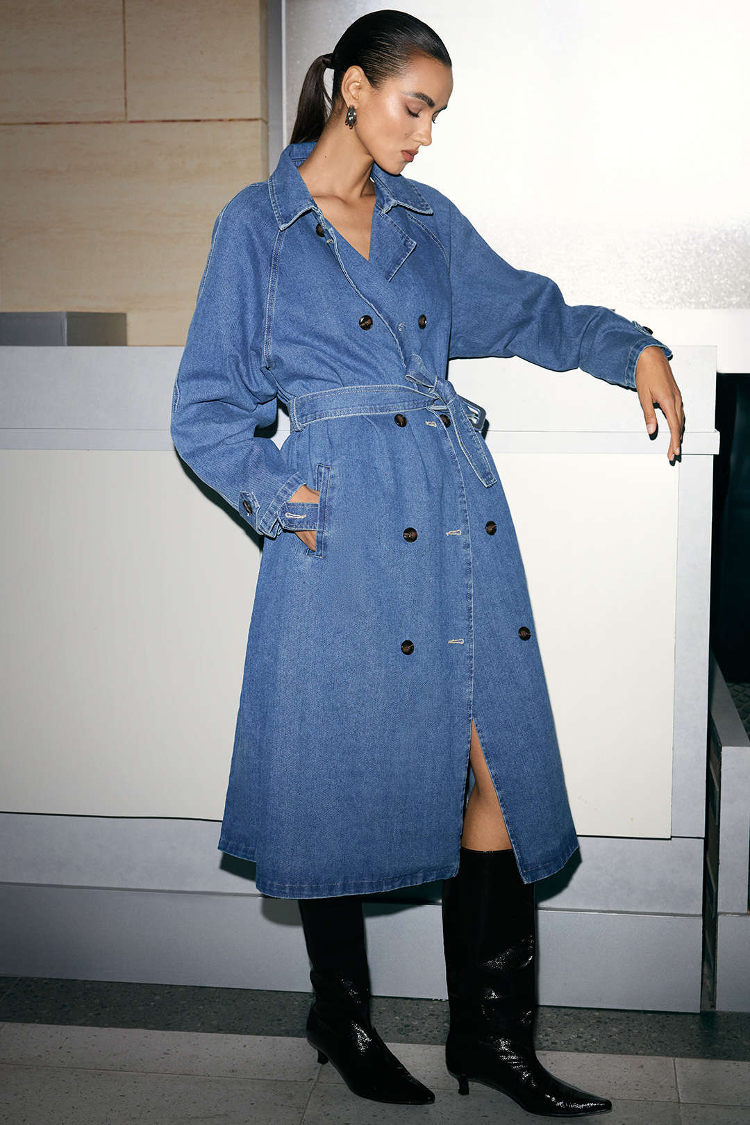 Denim Double-Breasted Belted Mid-Long Outerwear
