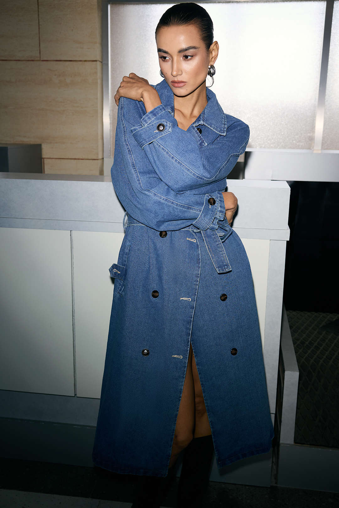 Denim Double-Breasted Belted Mid-Long Outerwear - Image 2