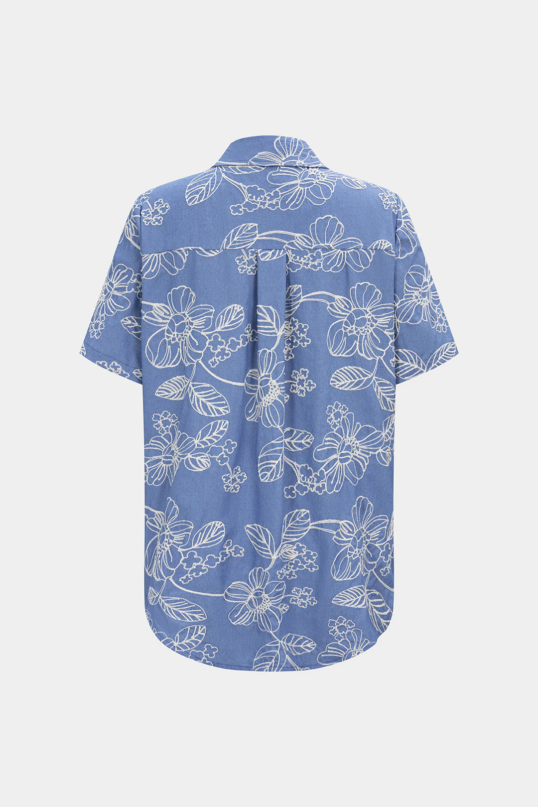 Denim Patchwork Floral Jacquard Lapel Button Short Sleeve Shirt - Image 2