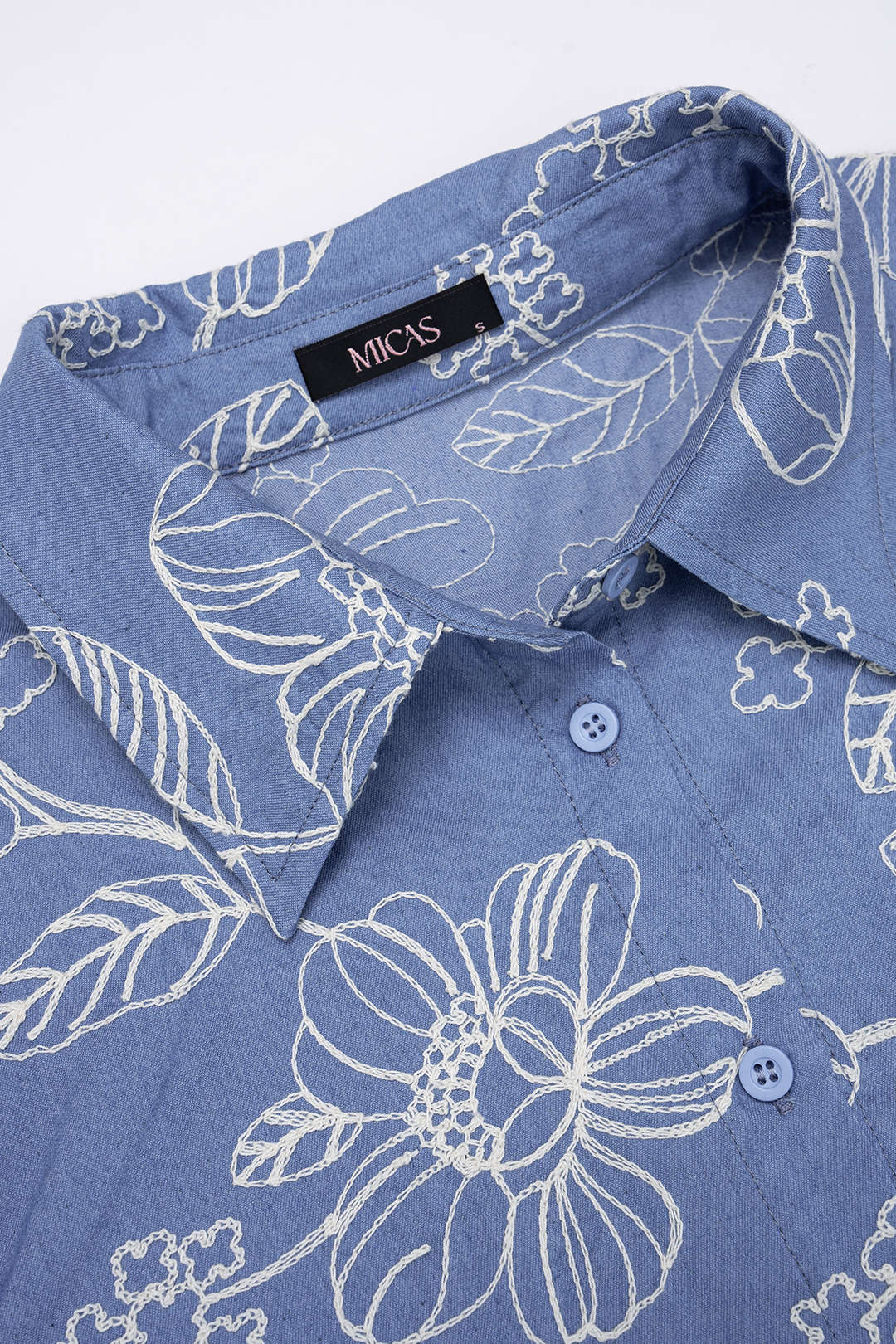 Denim Patchwork Floral Jacquard Lapel Button Short Sleeve Shirt - Image 3