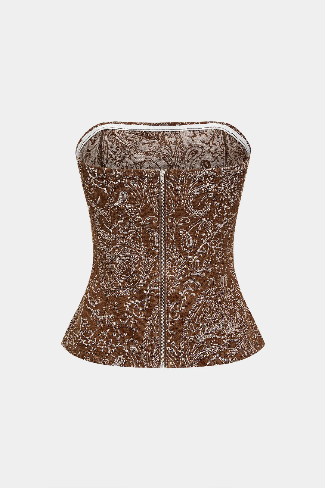 Paisley Print Denim Ruched Zipper Strapless Tube Top - Image 2