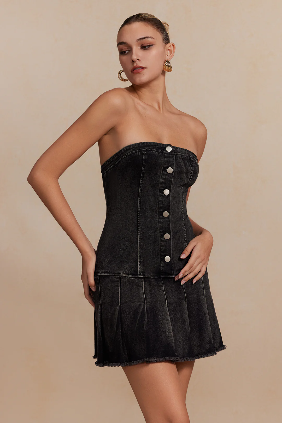 Denim Pleated Strapless Mini Dress - Image 5