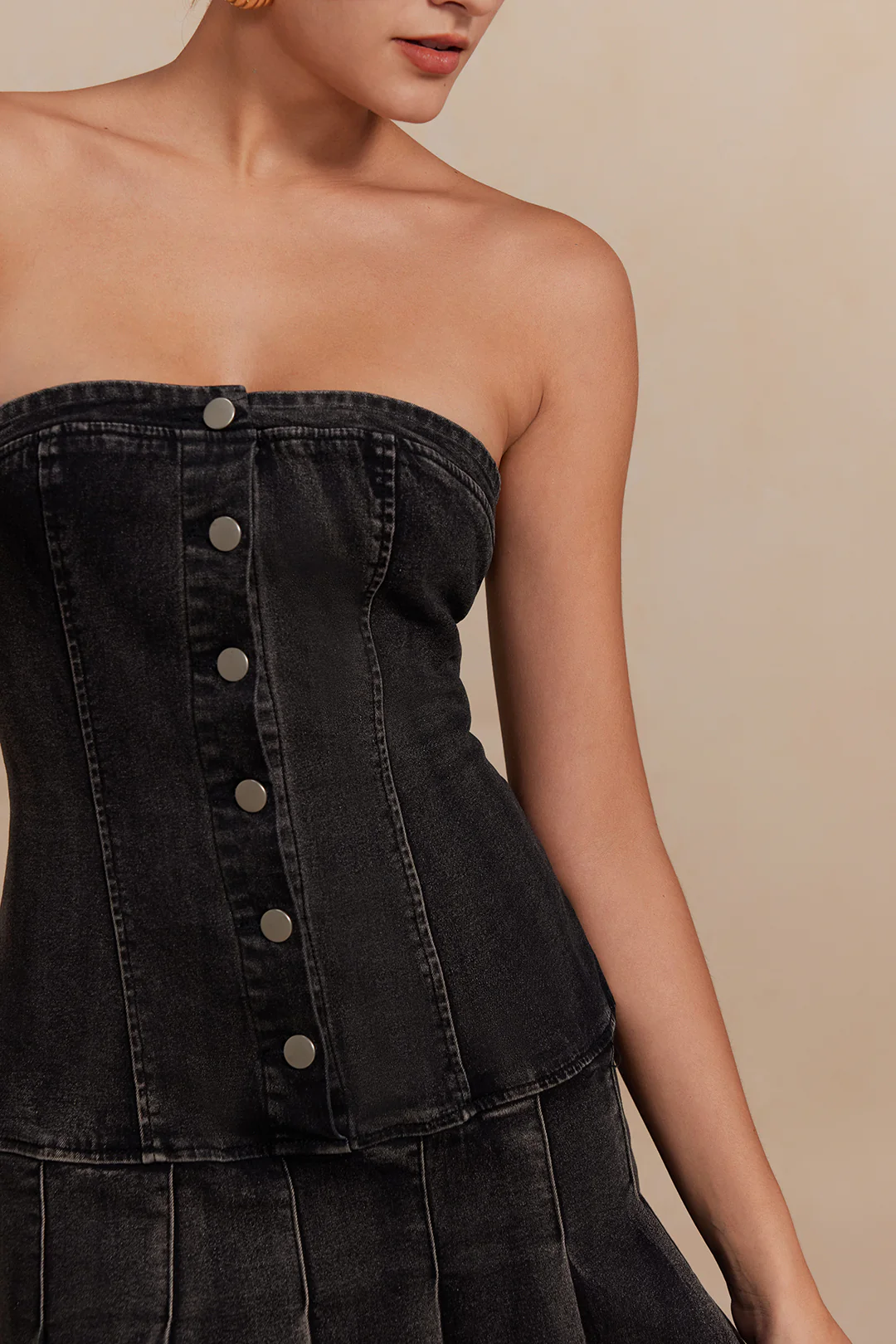 Denim Pleated Strapless Mini Dress - Image 6