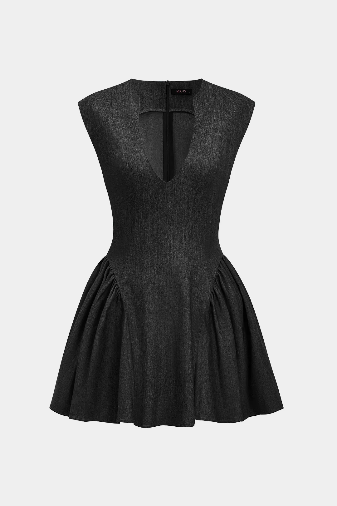 Solid Ruched V-neck Denim Dress - Image 8