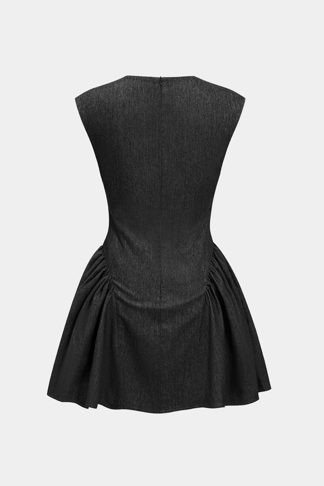 Solid Ruched V-neck Denim Dress - Image 9