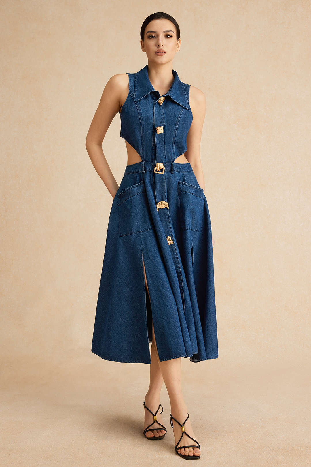 Denim Button Cut Out Dress - Image 4