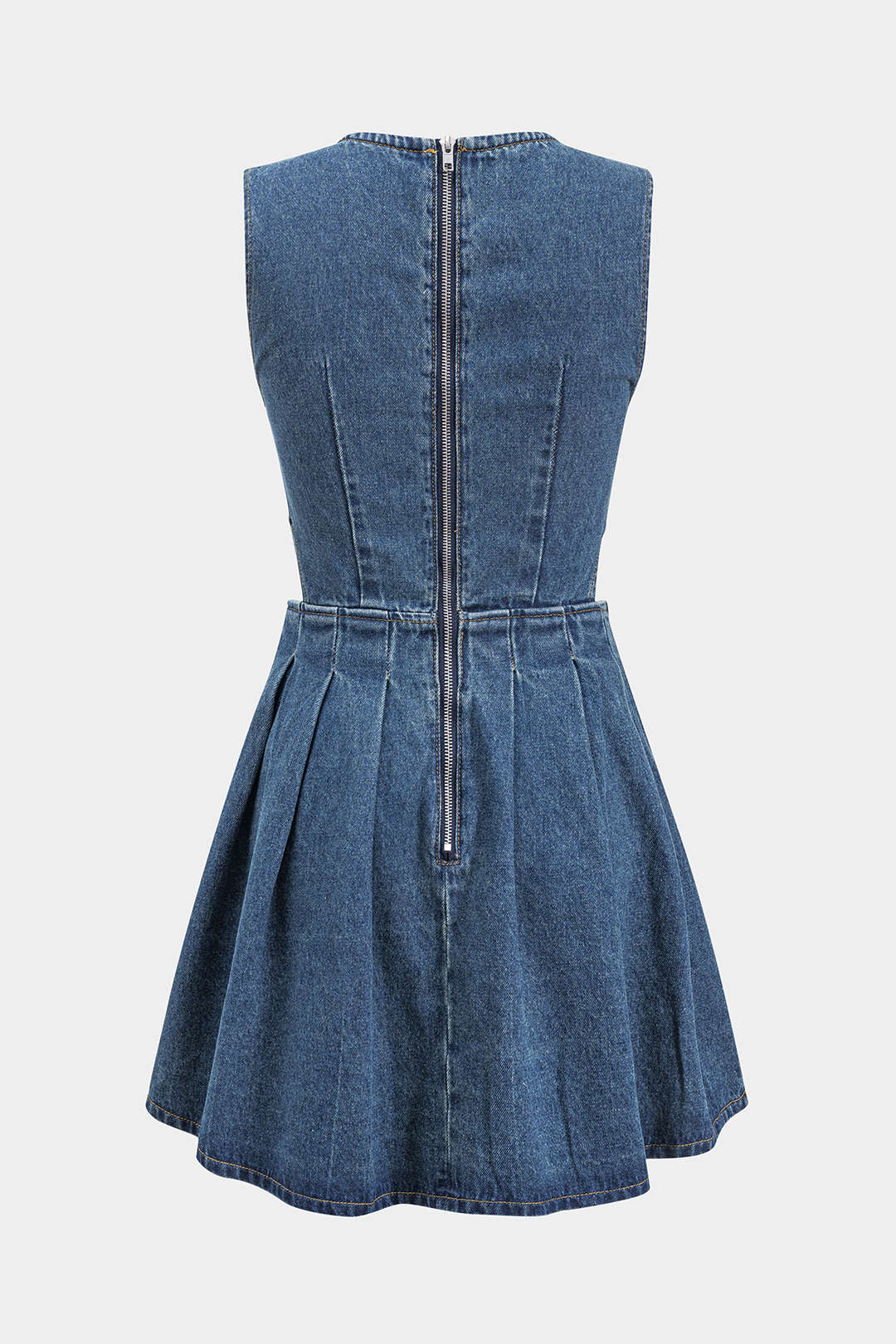 Denim Pleated Button Zipper Sleeveless Dress - Image 2