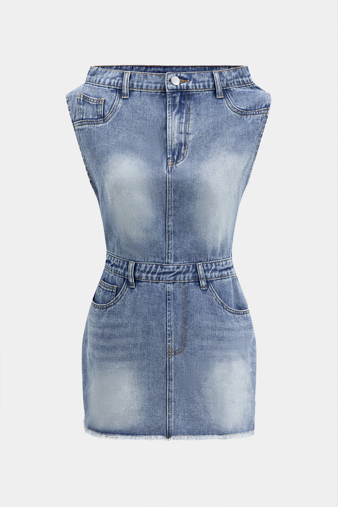 Denim Asymmetric Neckline Mini Dress - Image 3