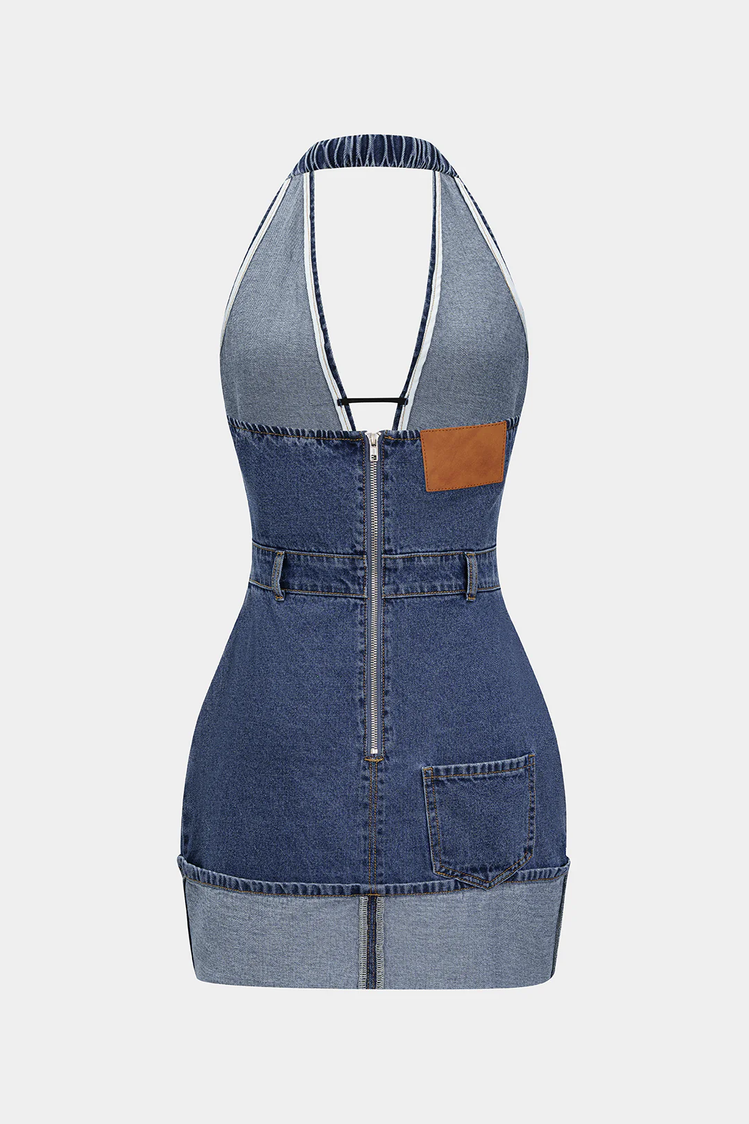 Denim Backless Washed Zipper Halter Mini Dress - Image 2