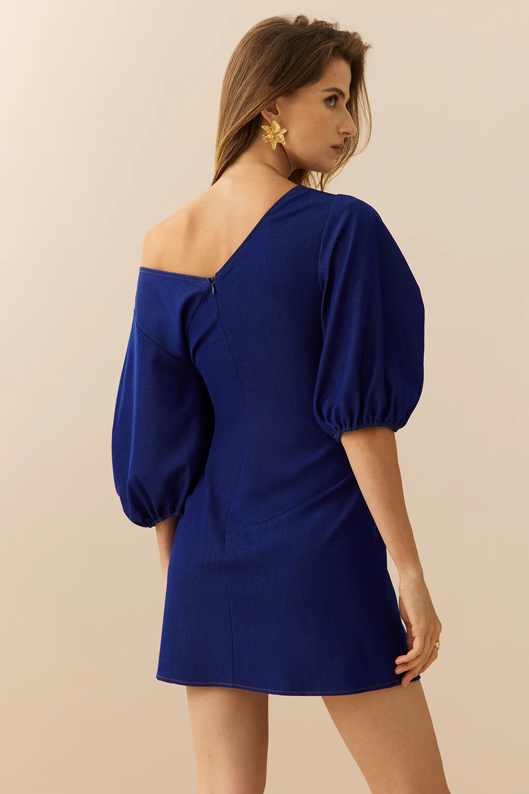 Denim Metallic Ruched Puff Short-Sleeve Mini Dress - Image 2