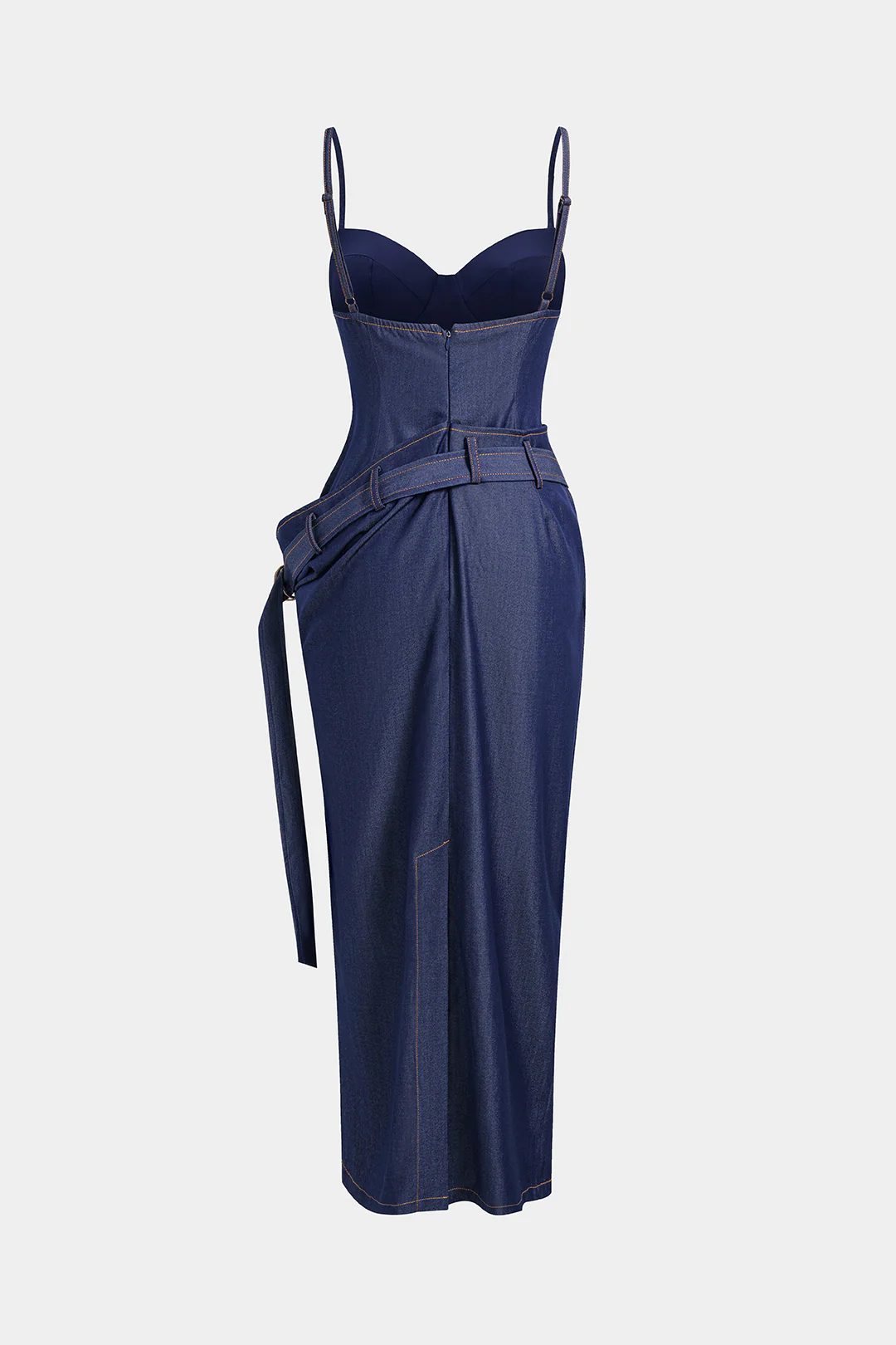 Denim Asymmetrical Ruched Bustier Belted Zipper Maxi Dress - Image 2