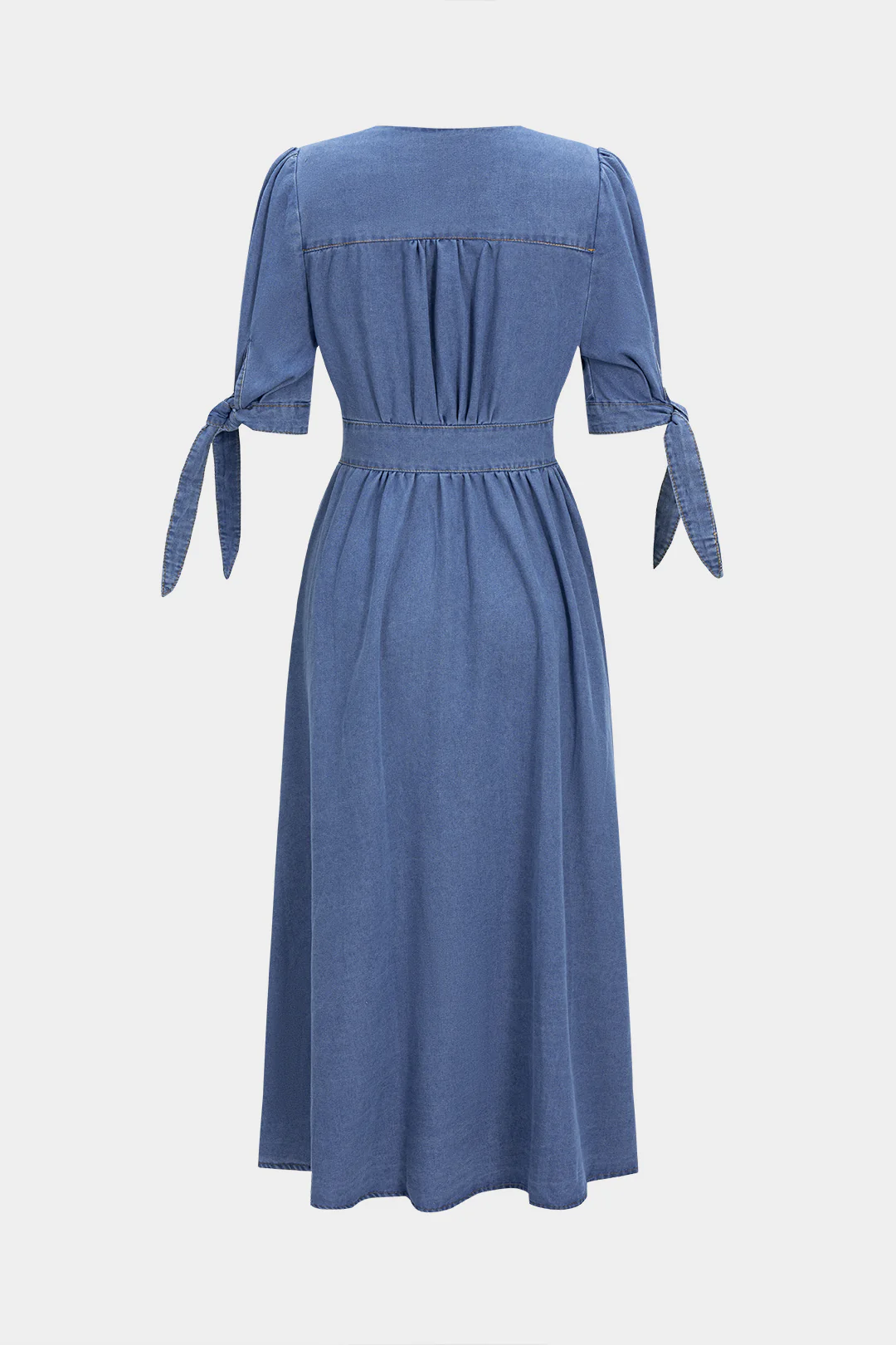Denim V-Neck Ruched Button Tie-Up Short Sleeve Dress - Image 2