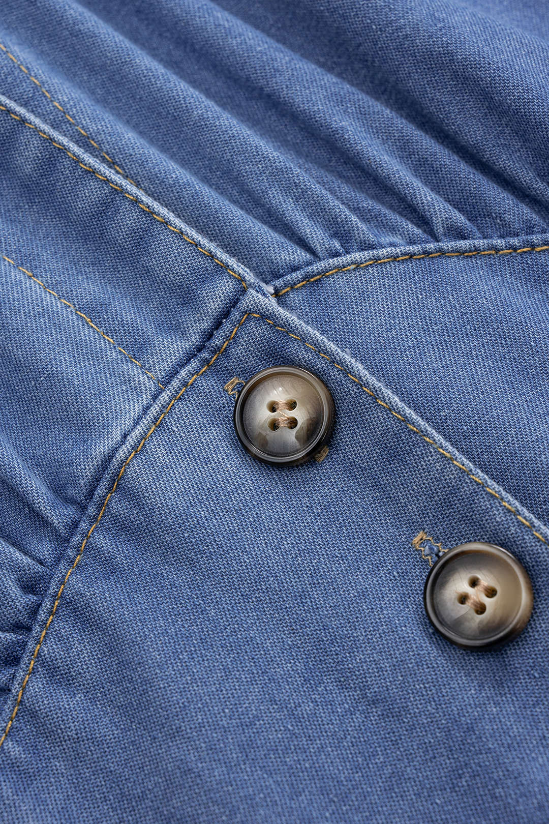 Denim V-Neck Ruched Button Tie-Up Short Sleeve Dress - Image 3