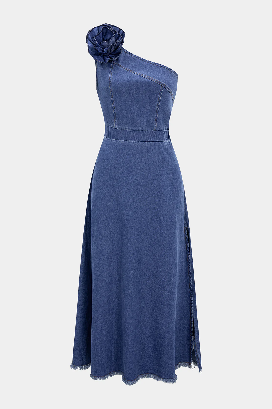 Denim 3D Floral One Shoulder Asymmetrical Sleeveless Dress
