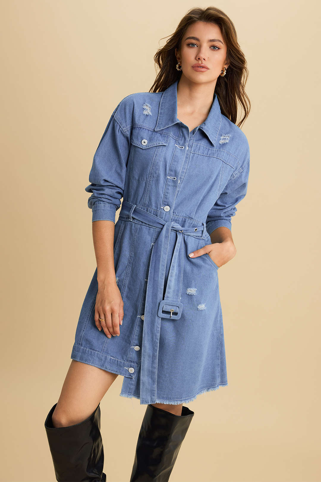 Denim Tie Front Long Sleeve Dress - Image 3