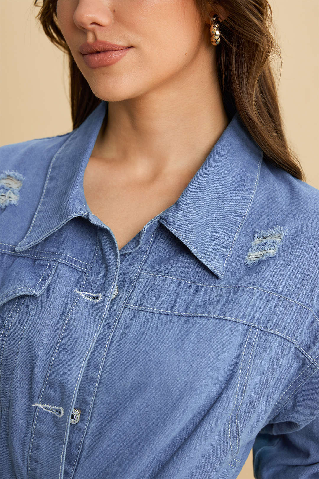 Denim Tie Front Long Sleeve Dress - Image 4