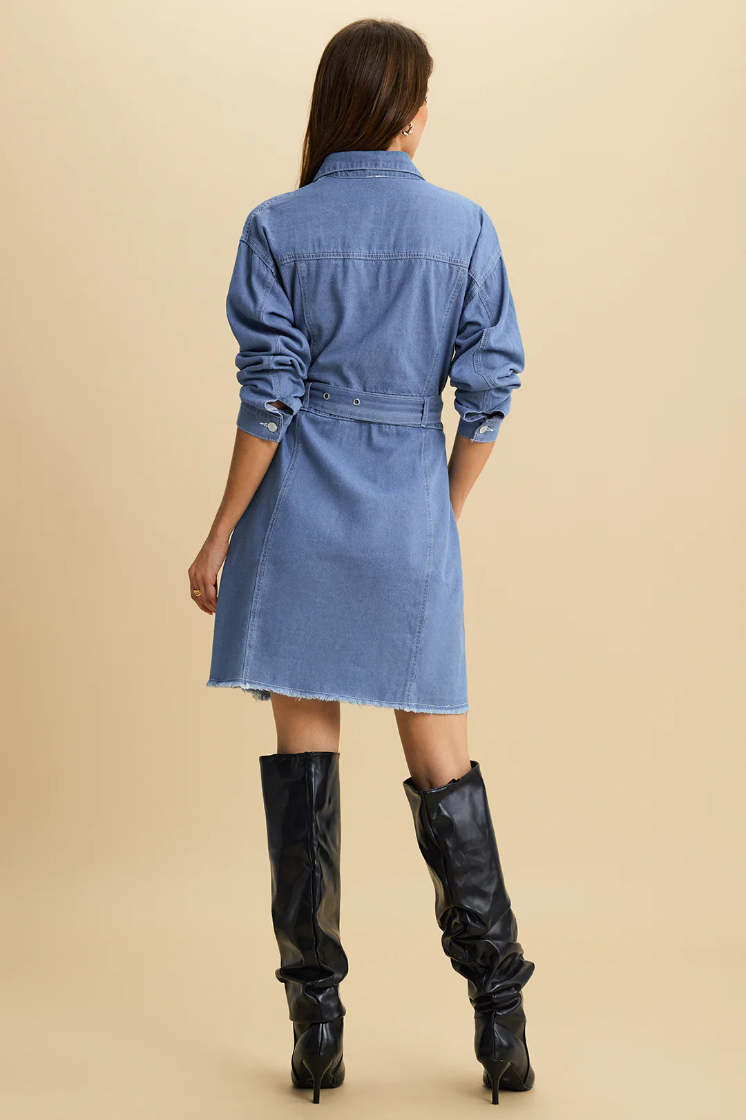 Denim Tie Front Long Sleeve Dress - Image 5