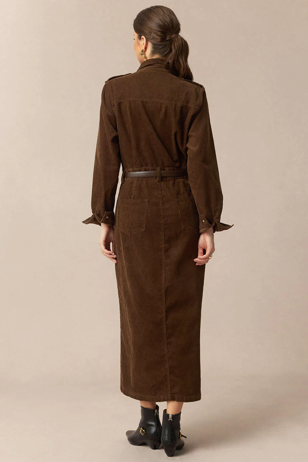 Corduroy Notched Lapel Button Pocket Belted Long Sleeve Dress - Image 2