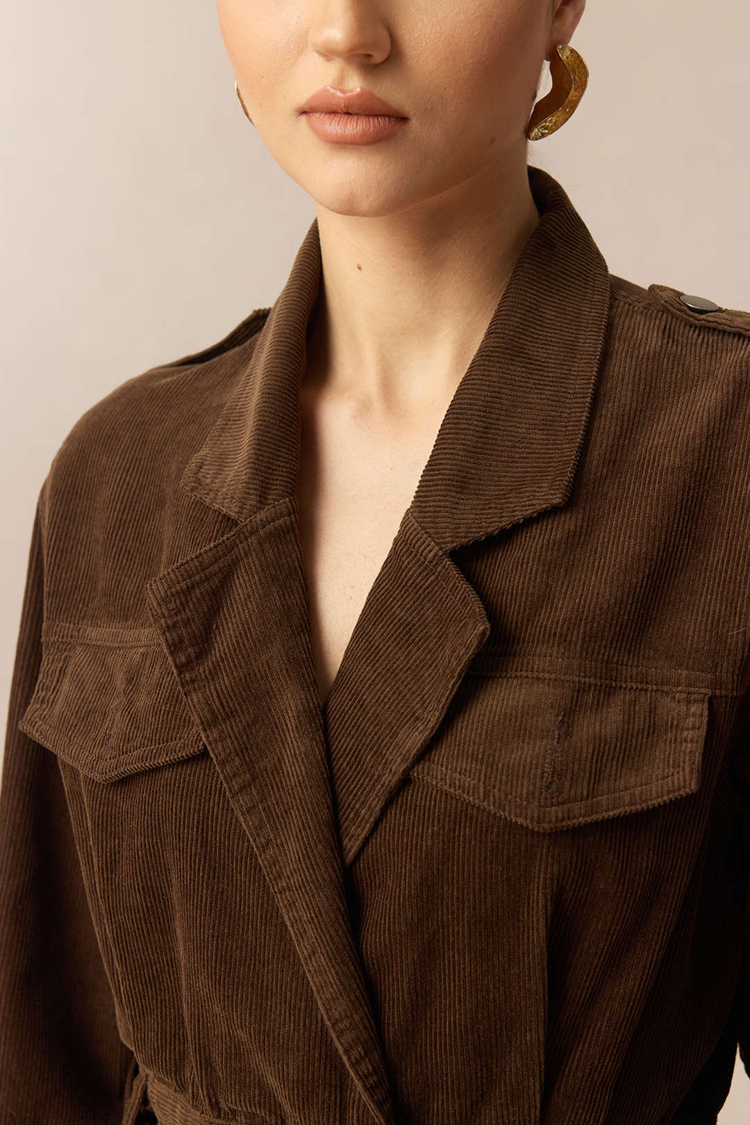 Corduroy Notched Lapel Button Pocket Belted Long Sleeve Dress - Image 4