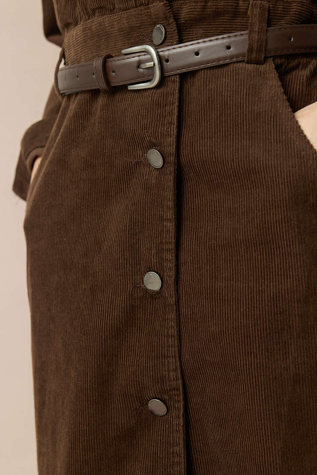 Corduroy Notched Lapel Button Pocket Belted Long Sleeve Dress - Image 5