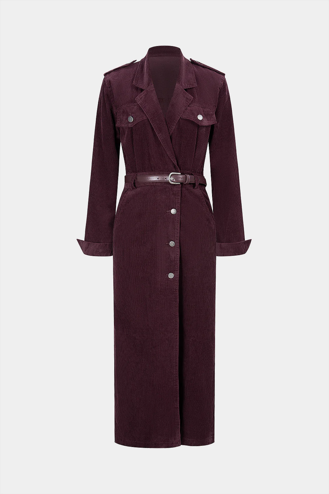 Corduroy Notched Lapel Button Pocket Belted Long Sleeve Dress - Image 6