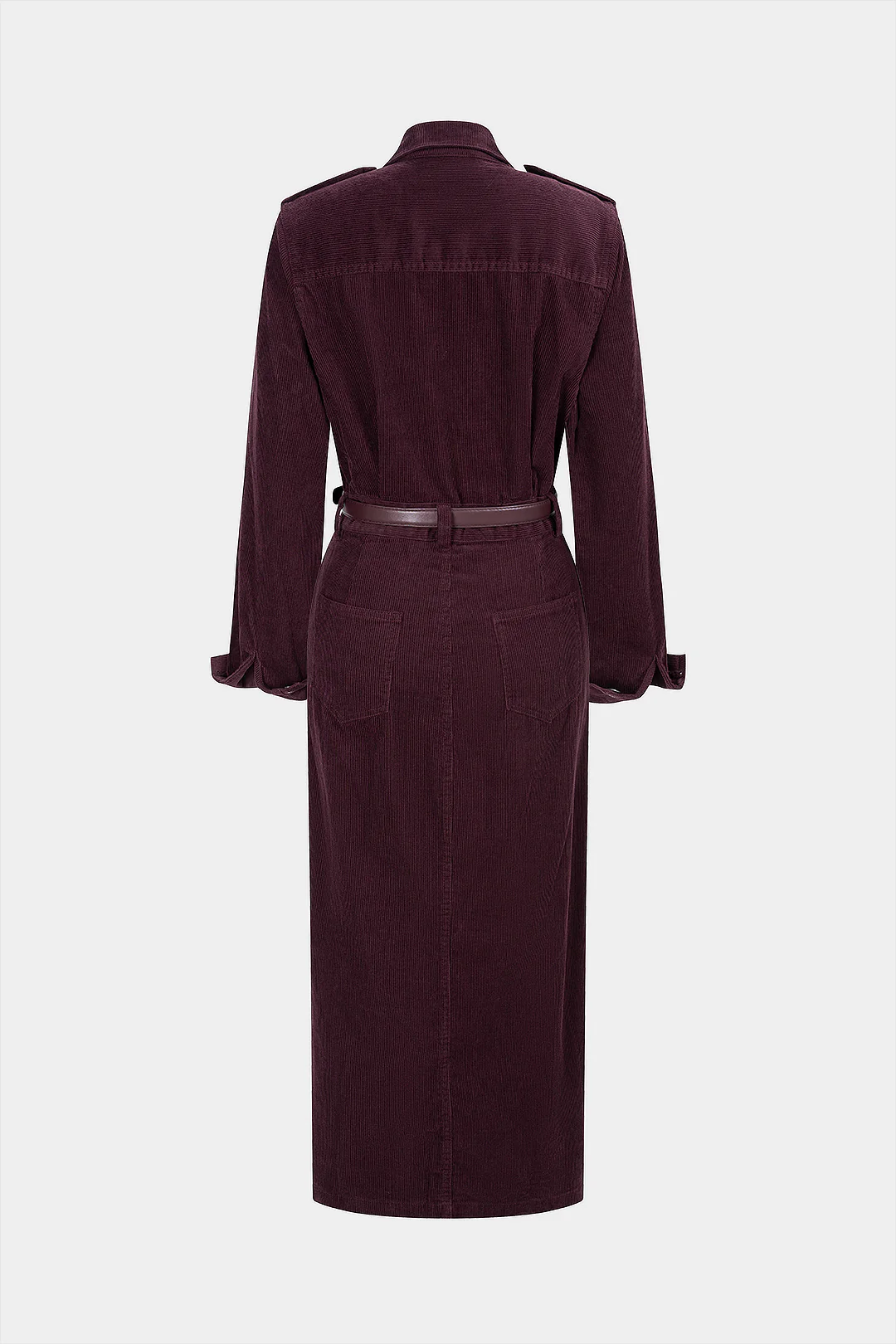 Corduroy Notched Lapel Button Pocket Belted Long Sleeve Dress - Image 7
