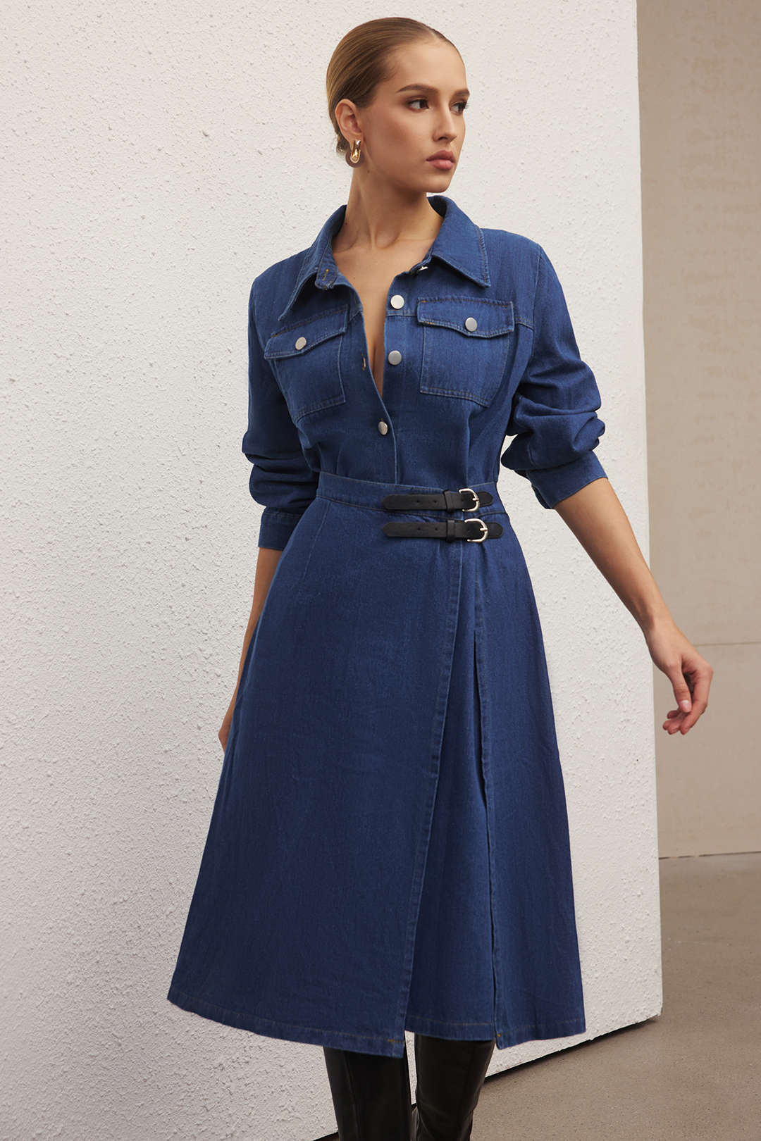 Denim Button Belted Long Sleeve Dress - Image 3