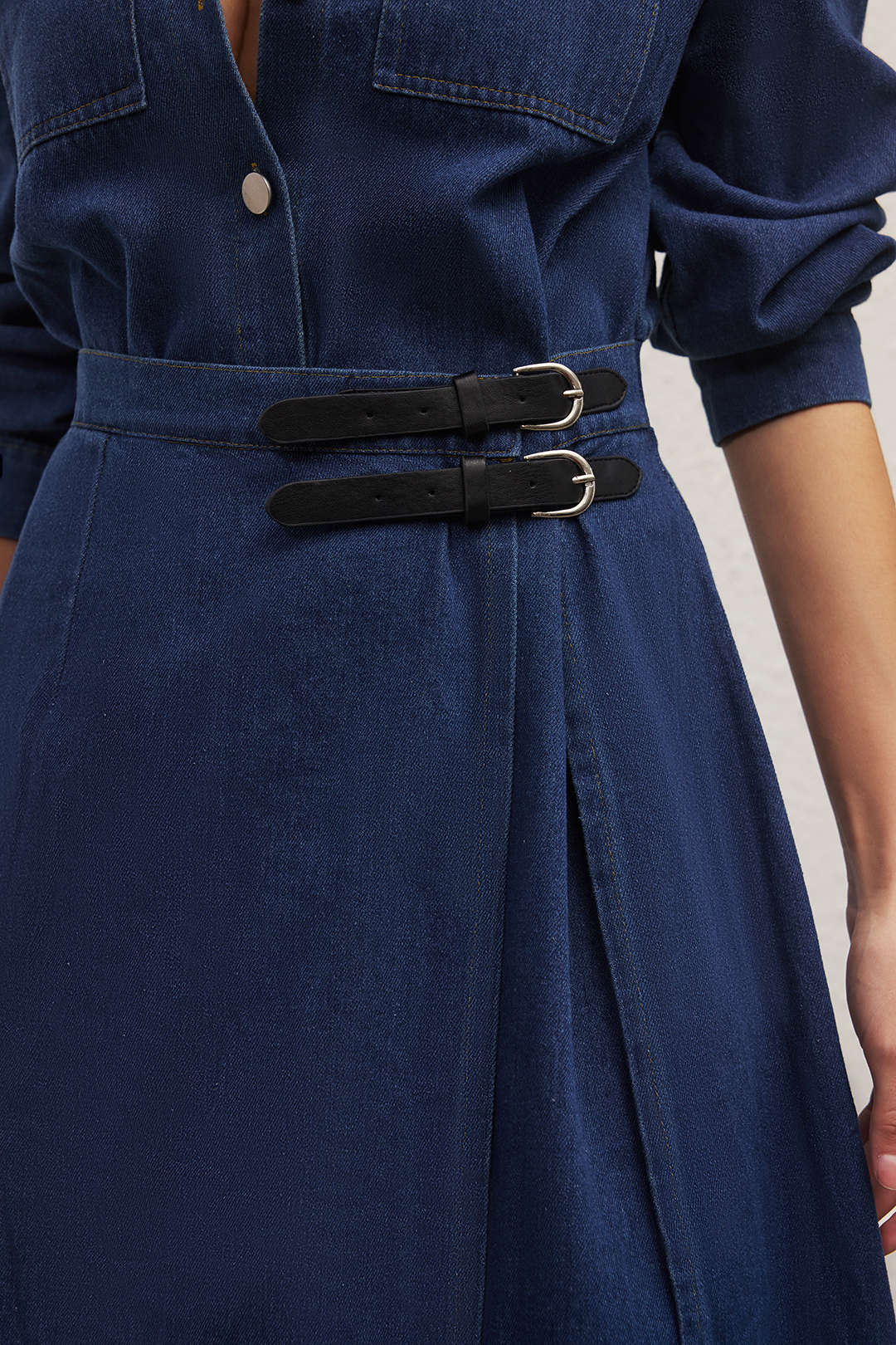 Denim Button Belted Long Sleeve Dress - Image 4