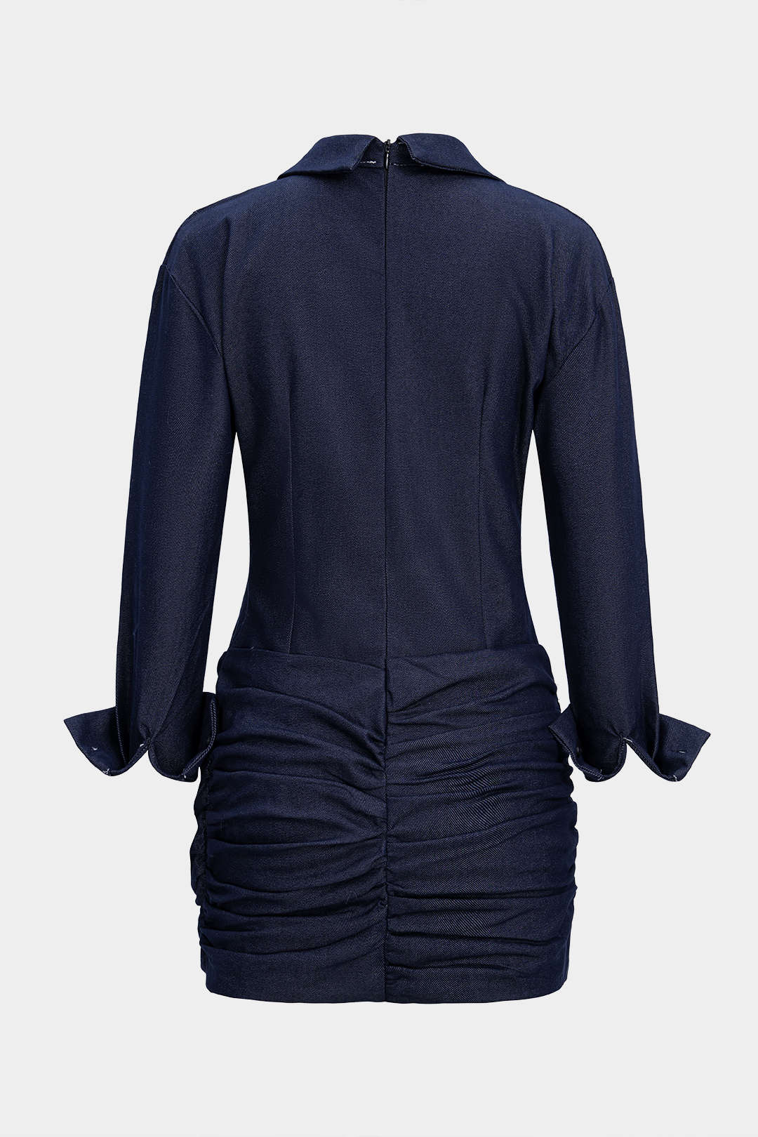 Denim Ruched Asymmetrical Long Sleeve Dress - Image 2