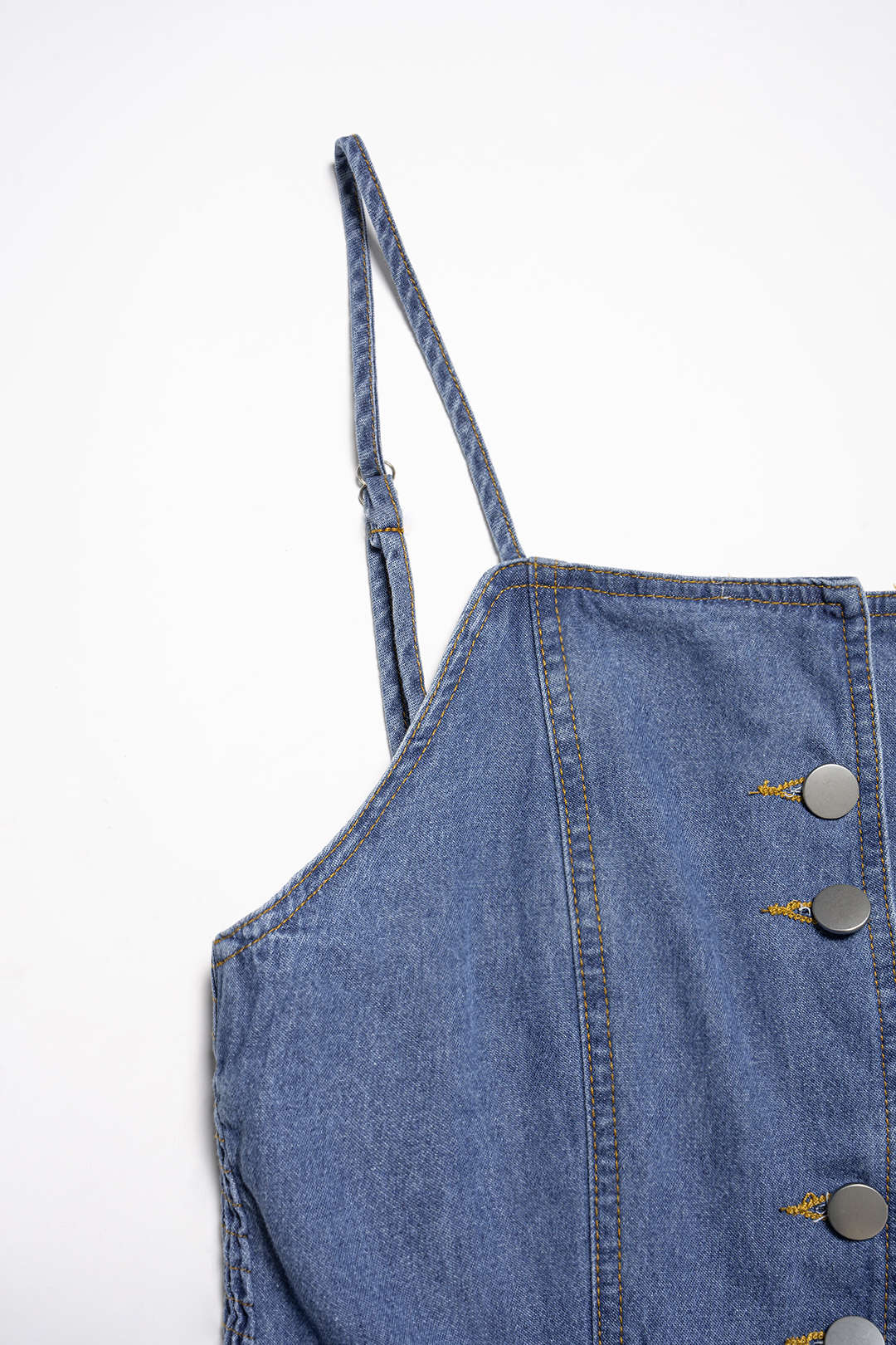 Denim Button Ruched Sleeveless Dress - Image 3