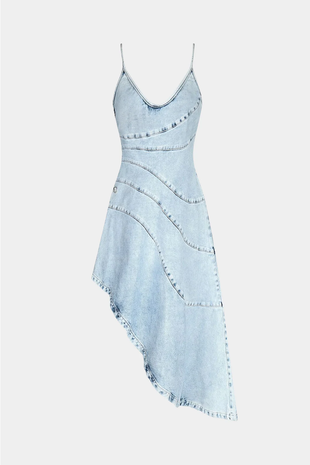 Denim Round Neck Asymmetrical Sleeveless Dress - Image 2
