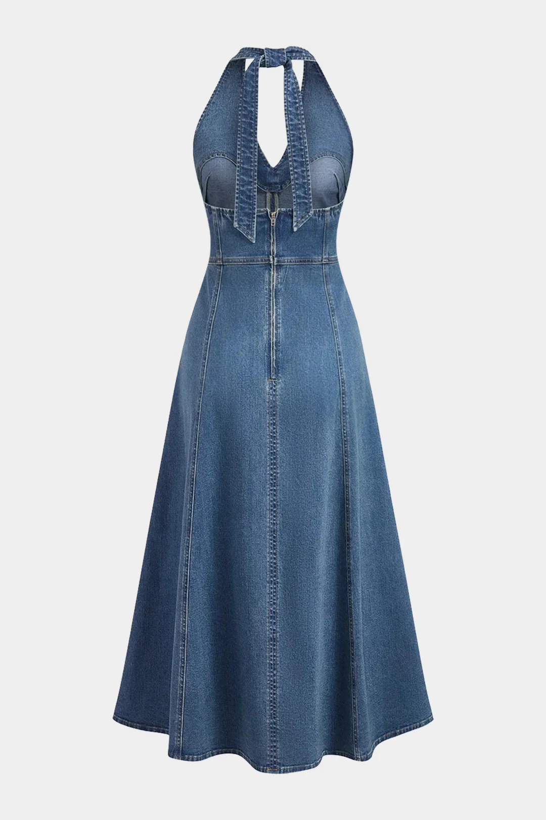 Denim Halter V-Neck Tie Back Sleeveless Dress - Image 2