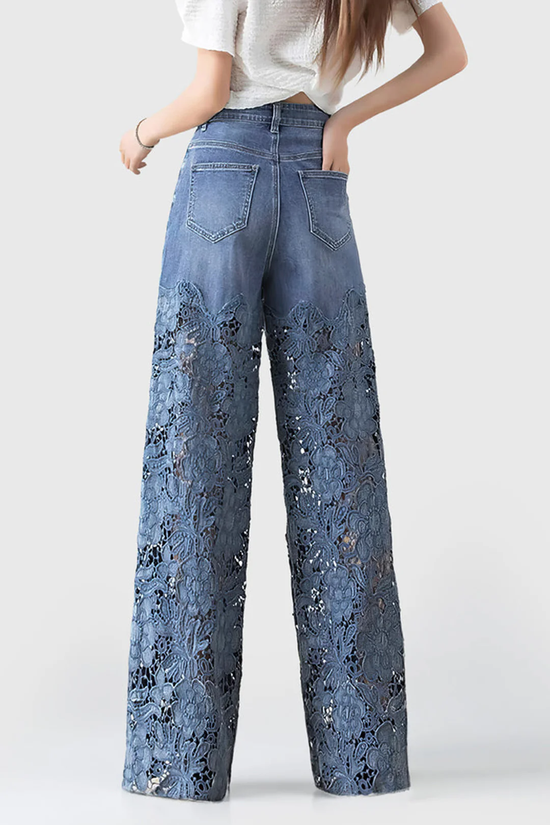 Lace Cut Out Patchwork Wide Leg Jeans - Image 2