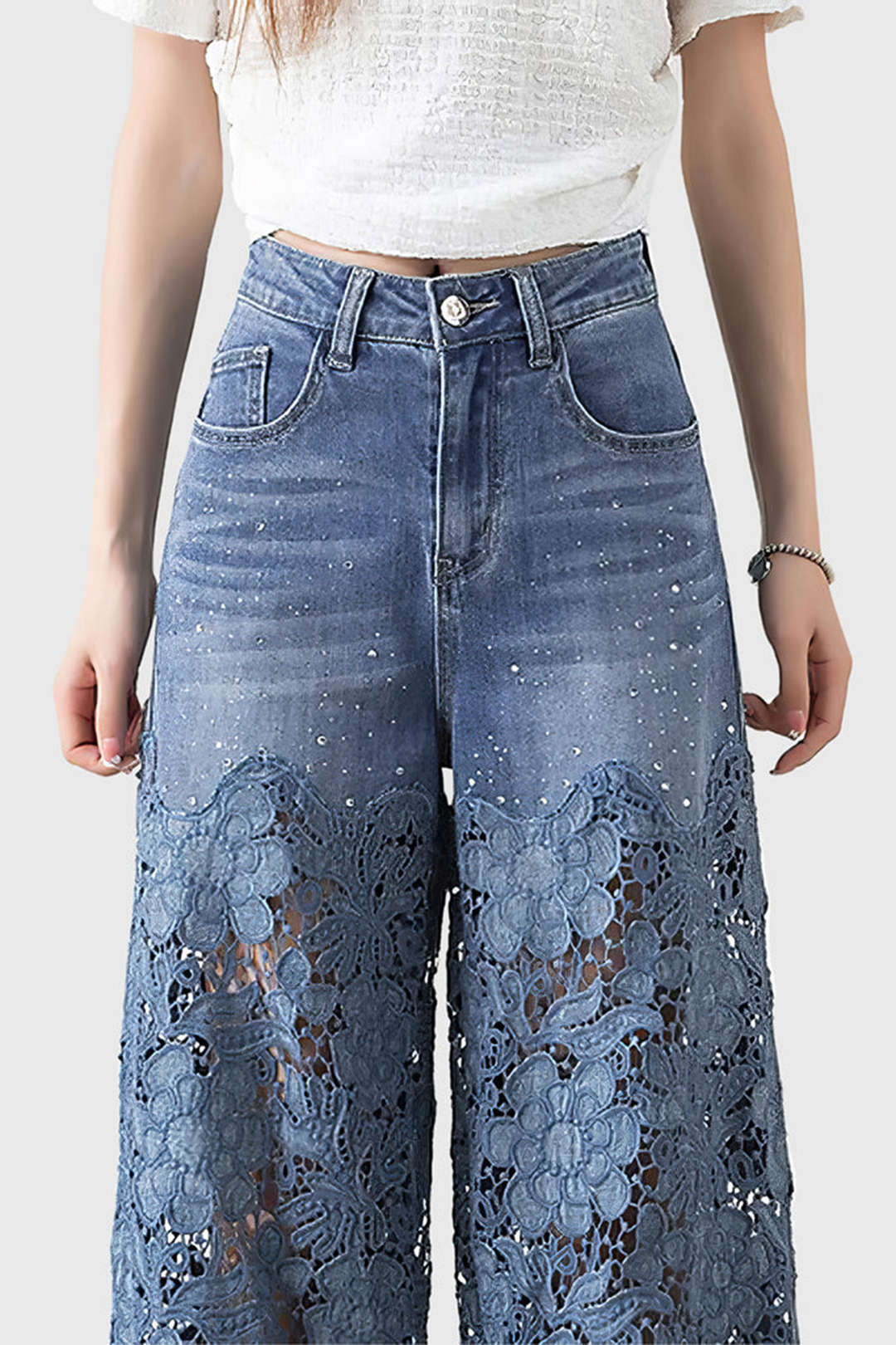 Lace Cut Out Patchwork Wide Leg Jeans - Image 3