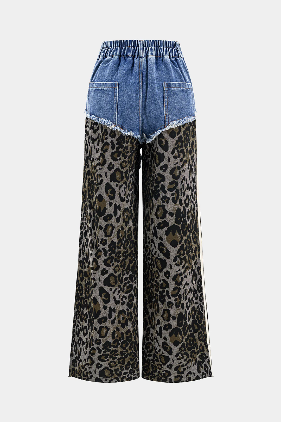 Leopard Print Denim Patchwork Button Pocket Wide Leg Jeans - Image 2