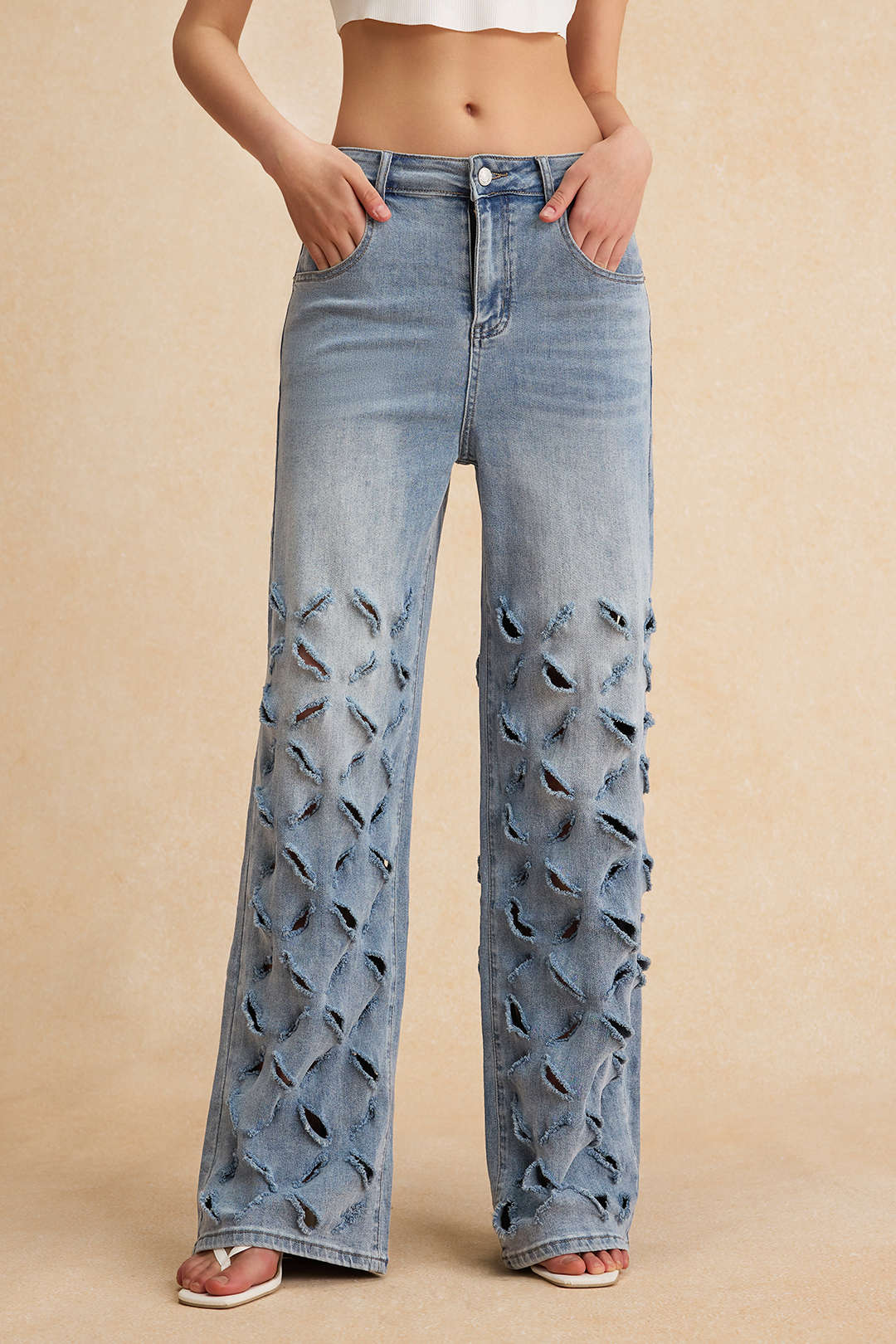 Ripped Cut Out Button Pocket Wide Leg Jeans - Image 6
