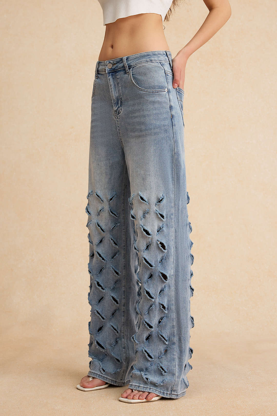 Ripped Cut Out Button Pocket Wide Leg Jeans - Image 9
