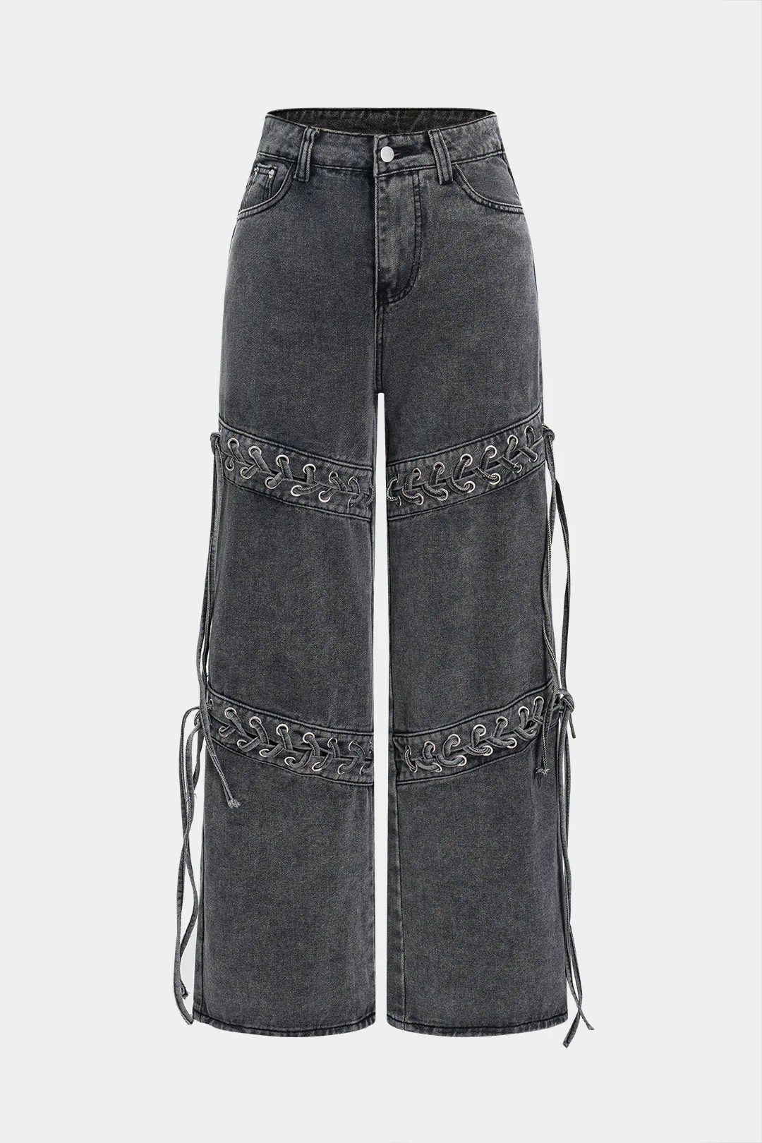 Denim Washed Lace-Up Wide Leg Jeans