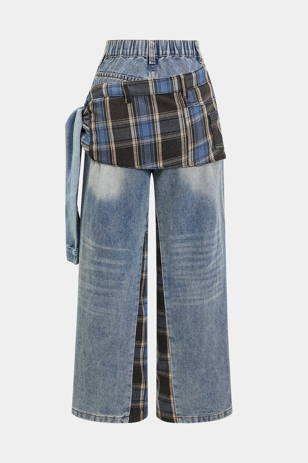 Denim Patchwork Plaid Print Washed Jeans - Image 2