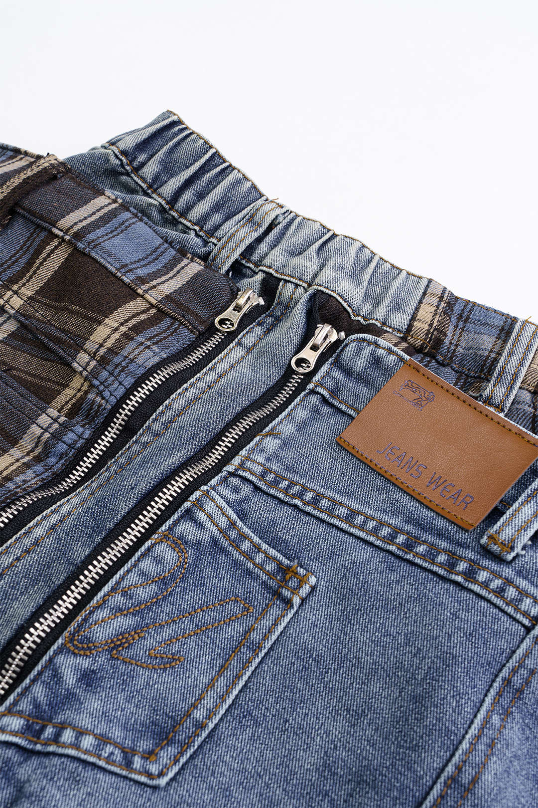 Denim Patchwork Plaid Print Washed Jeans - Image 4