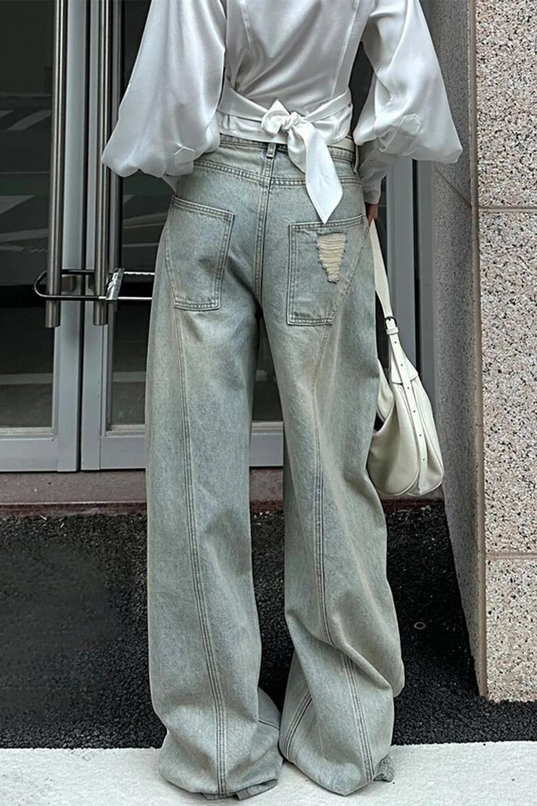 Denim Ripped Ruched Barrel Jeans - Image 2